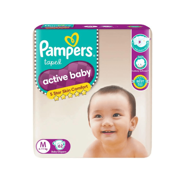 Pampers Active Baby Taped Diapers Medium, 62 Count - Bestsata wholesale medicine supplier offering Medicine
